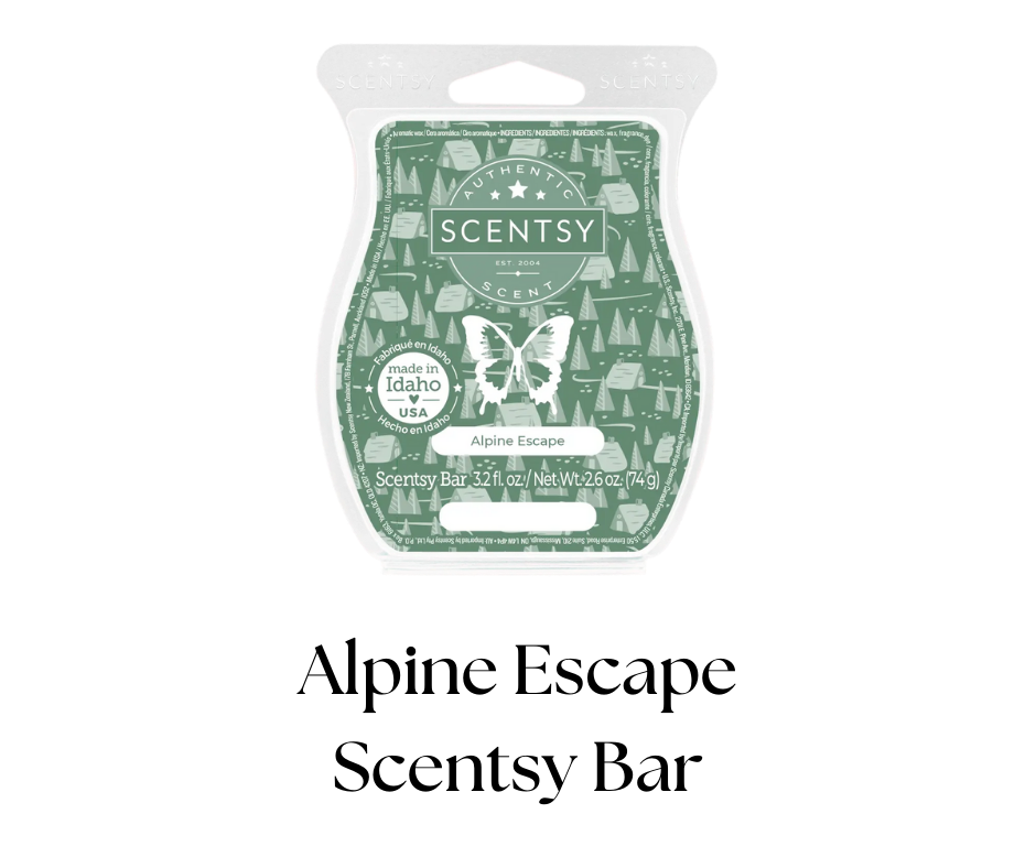 A Scentsy branded wax melt package in green with a maple leaf, mountain, and forest graphic design, labeled Alpine Escape, made in Idaho, USA, containing 3.2 fluid ounces.