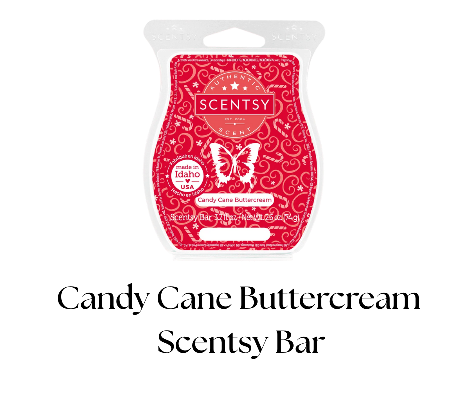 Scentsy candy cane buttercream scent sample in a red and white package with a butterfly logo, made in Idaho, USA.