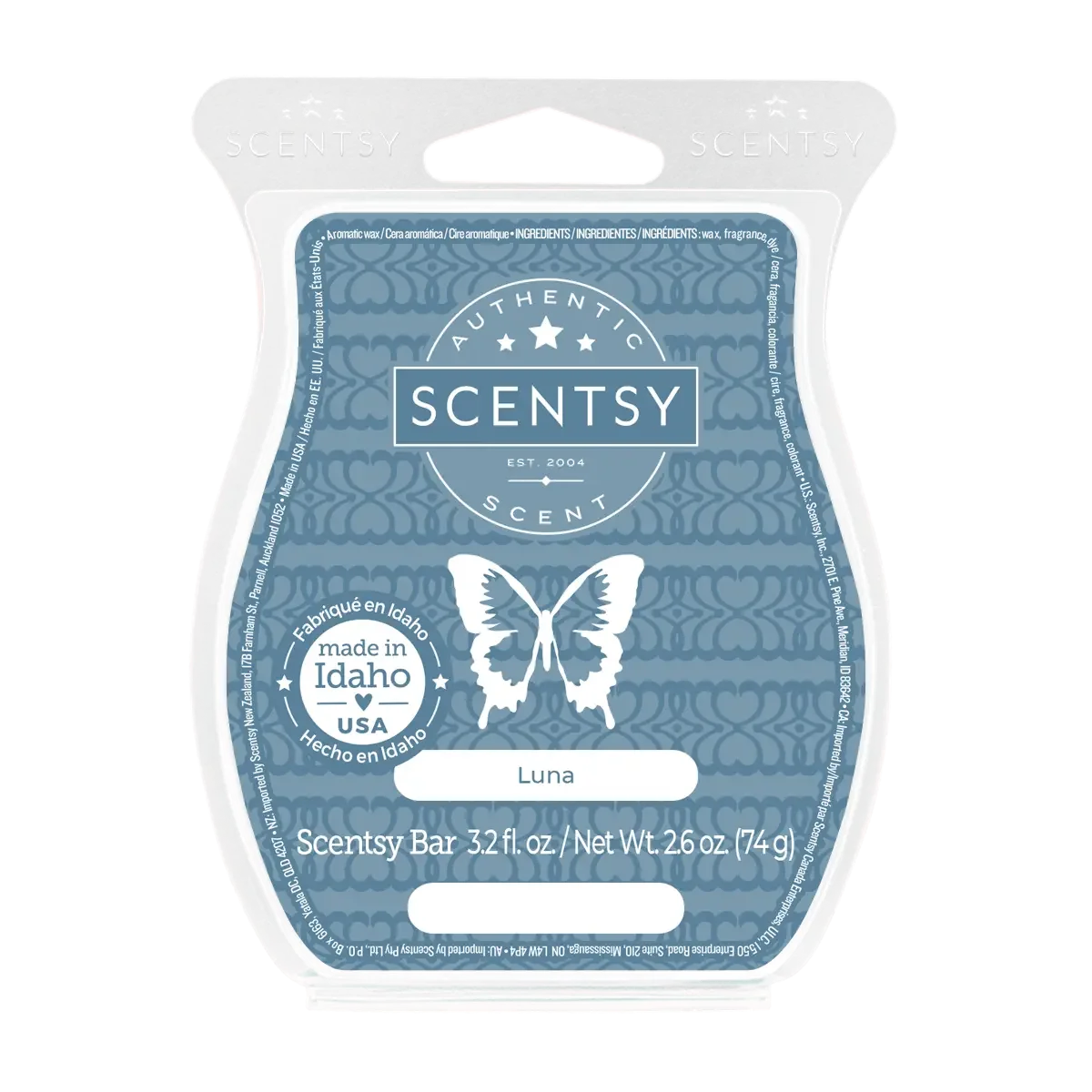 A blue and white scent wax bar packaging by Scentsy, featuring a butterfly illustration, the words "made in Idaho USA," and the scent name "Luna."