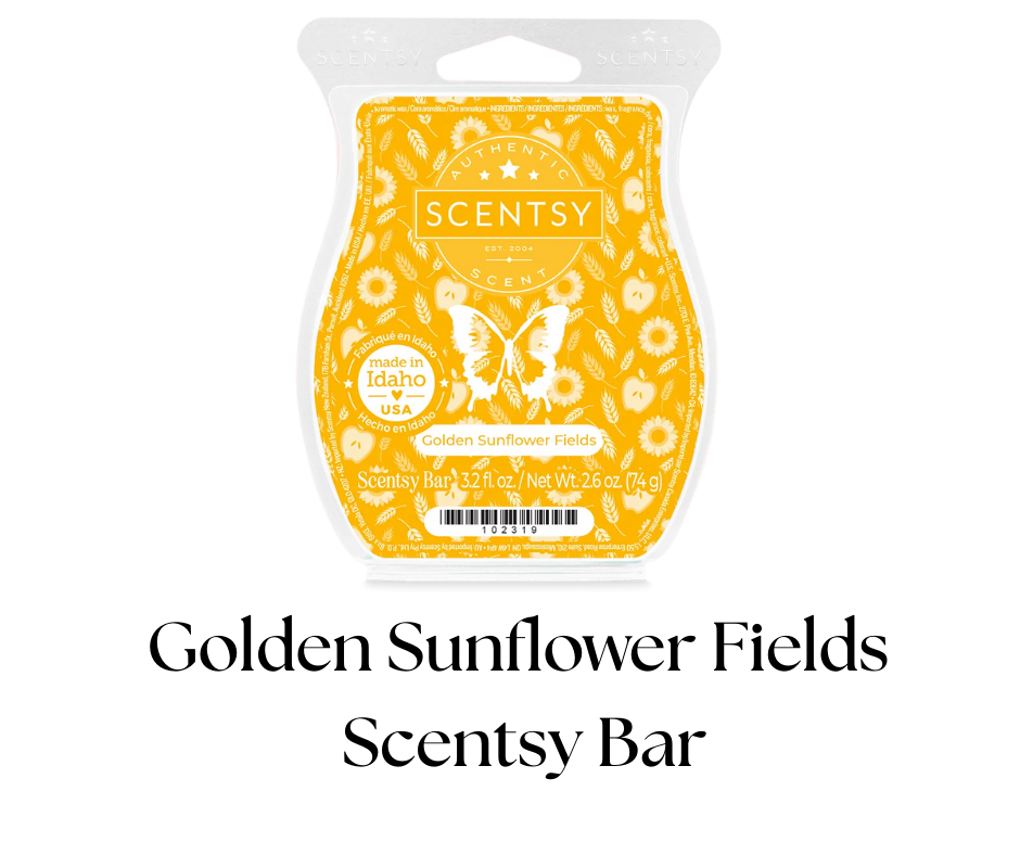 Scentsy bar packaging titled 'Golden Sunflower Fields,' featuring a yellow-orange design with sunflower and butterfly illustrations.