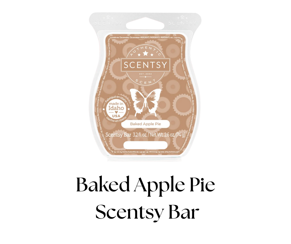 A Scentsy wax melt package labeled Baked Apple Pie with a butterfly logo, indicating it is made in Idaho, USA.
