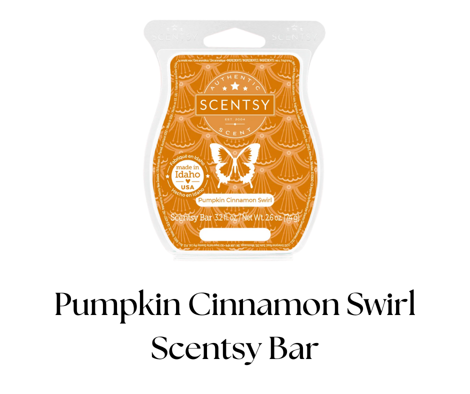 Scentsy pumpkin cinnamon swirl scented bar packaging with orange background and white butterfly logo.