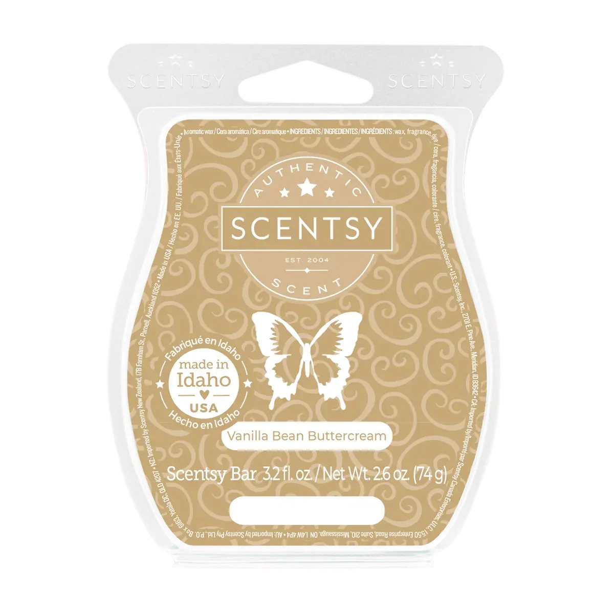 A Scentsy Wax Bar package with a beige and white design, featuring the Scentsy logo, butterfly graphic, and text indicating the scent is Vanilla Bean Buttercream, made in Idaho, USA.