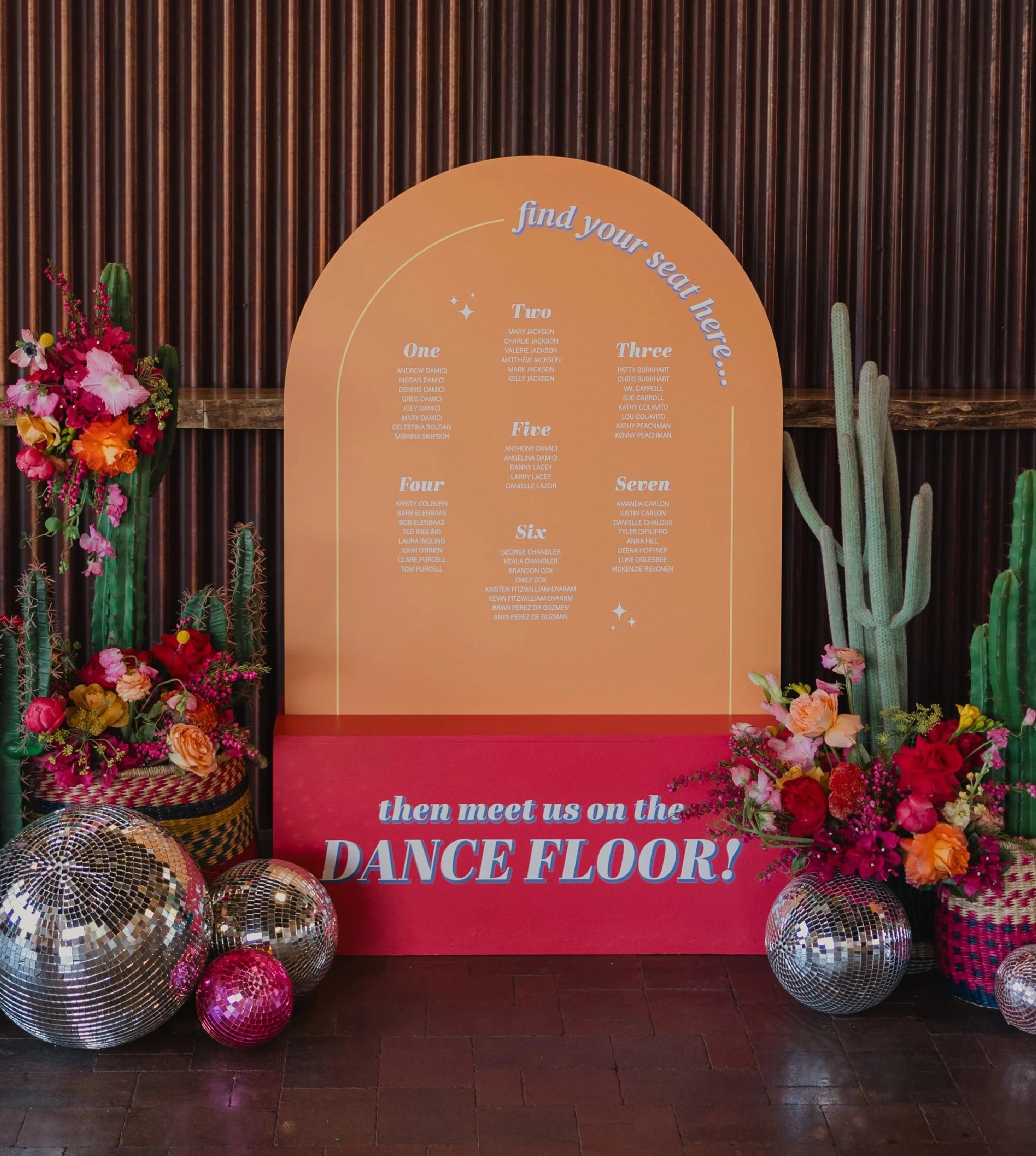 Stetson Studios custom wedding signage seating chart desert disco pink orange Sedona, Arizona