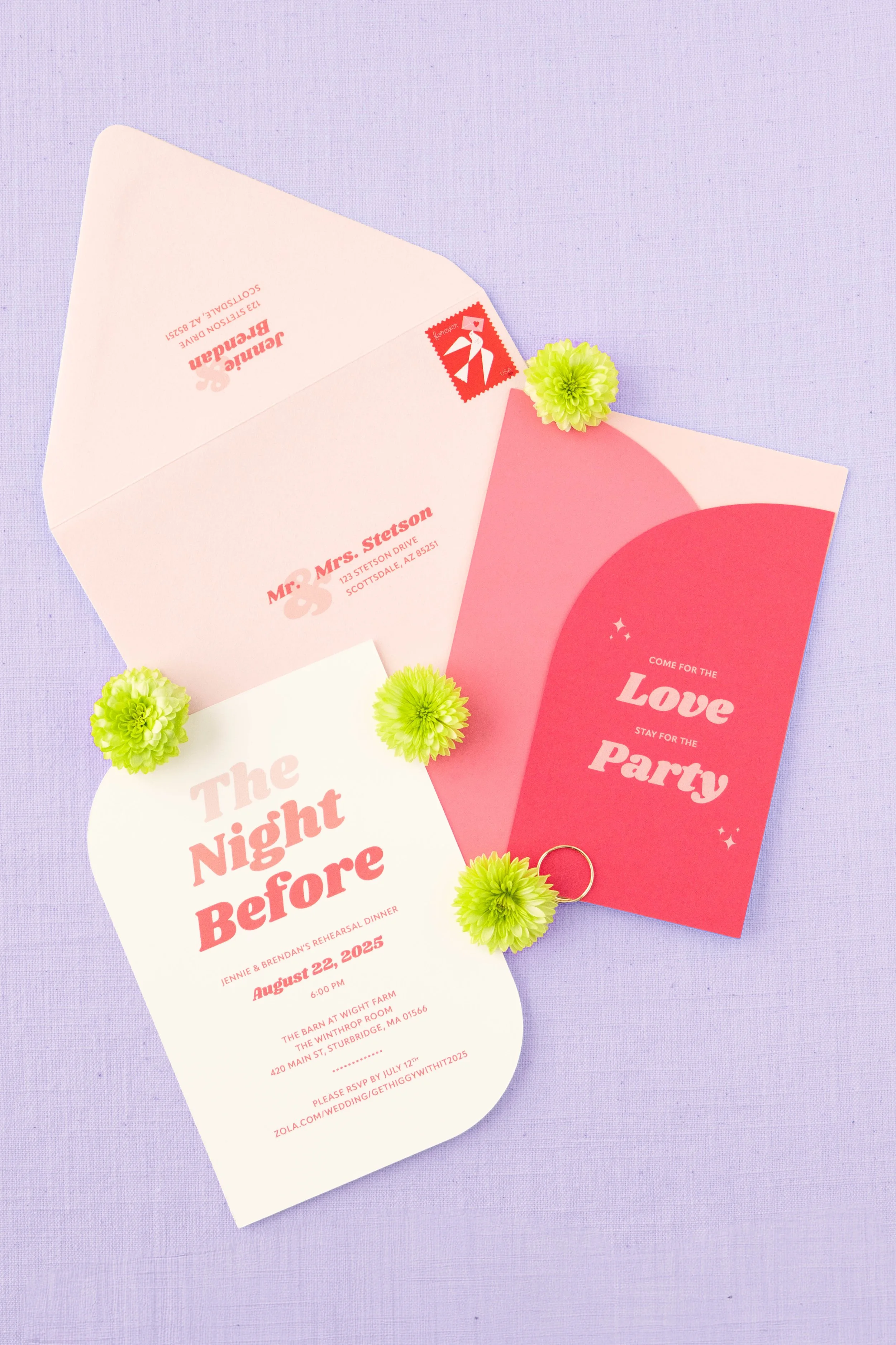 Stetson Studios custom wedding invitations pink invites the night before rehearsal dinner Boston, Massachusetts