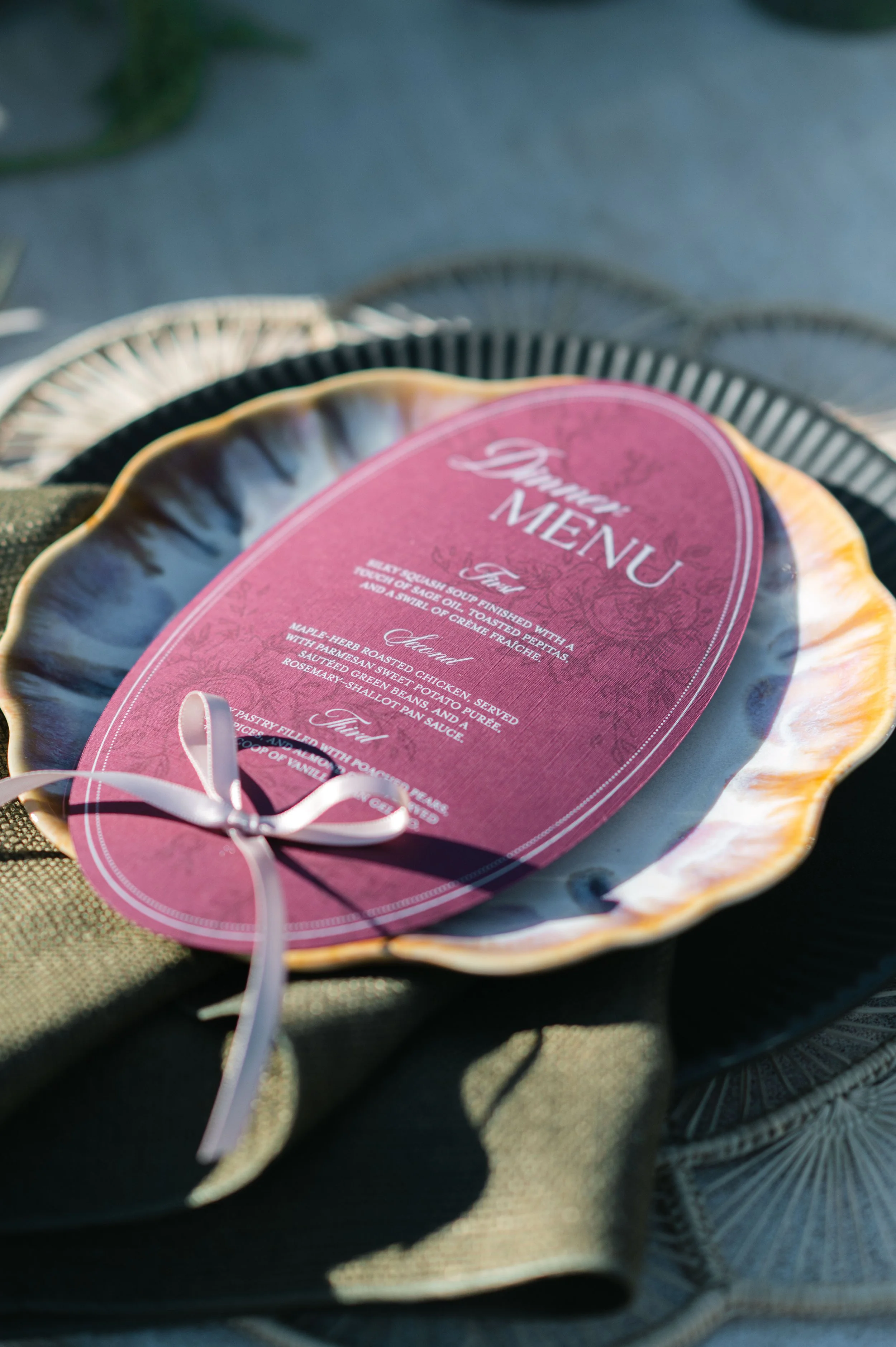 Stetson Studios wedding menus custom stationery day-of paper goods burgundy bows Andaz Resort Scottsdale, Arizona