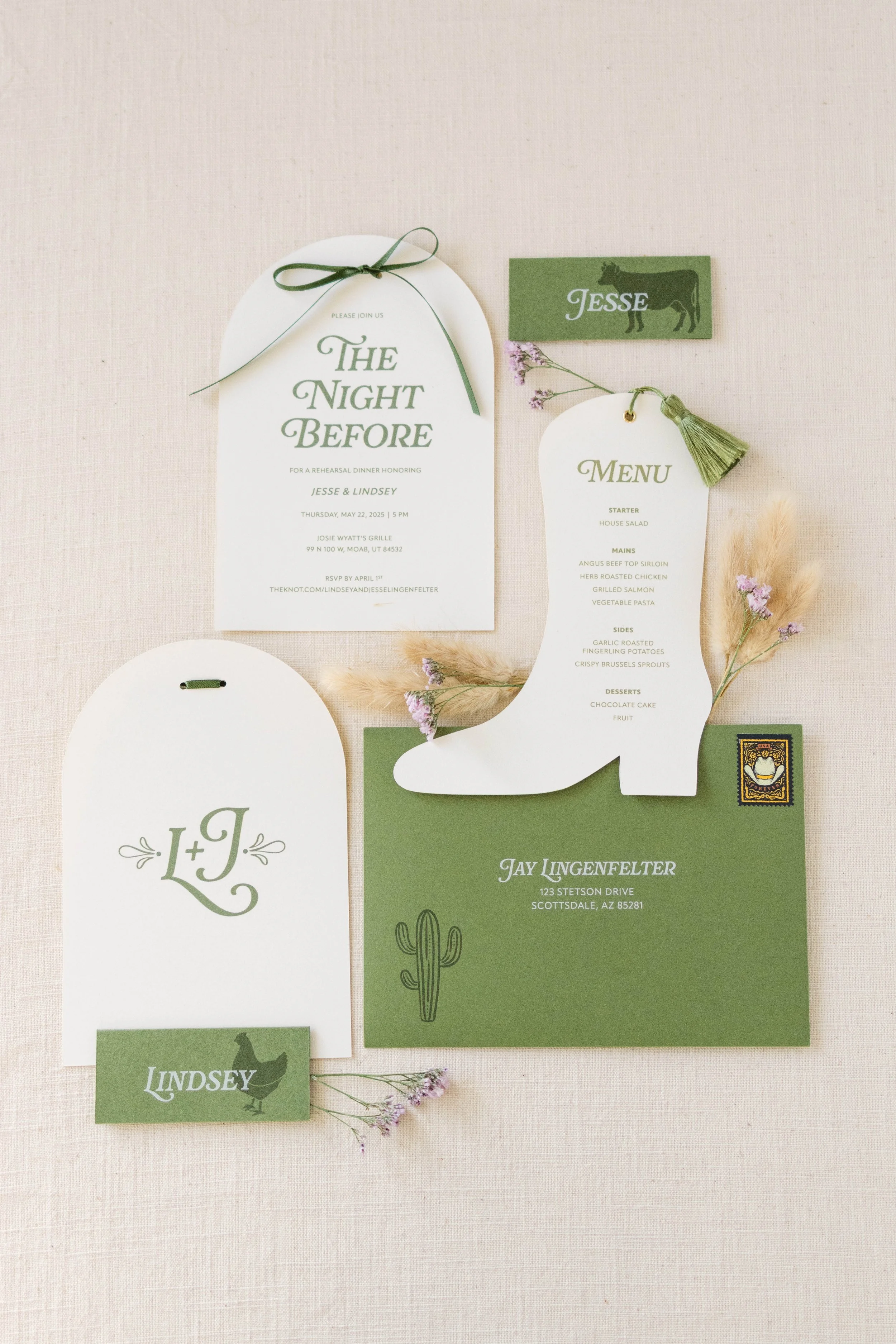 Stetson Studios rehearsal dinner invitations custom stationery menu design place cards green wedding Moab, Utah Phoenix, Arizona Western cowboy boot