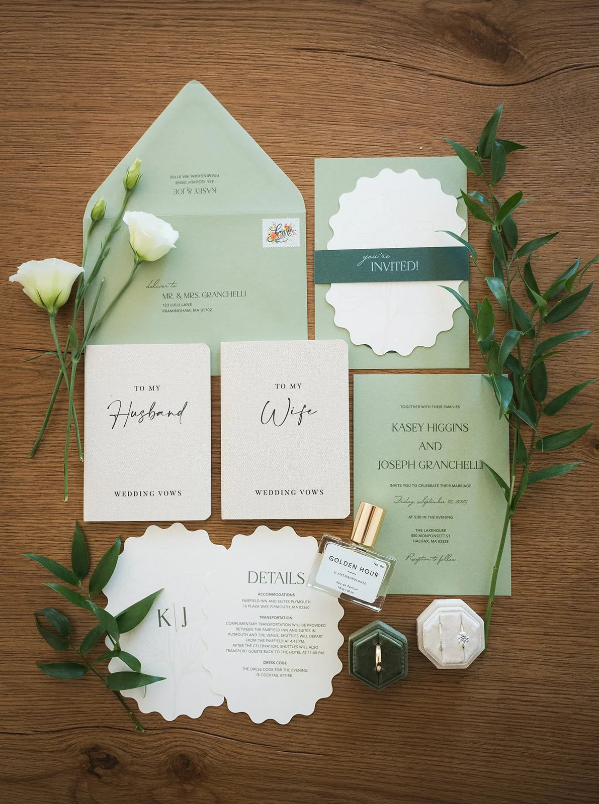 Stetson Studios custom wedding invitations green stationery Massachusetts The Lake House Boston south shore wedding