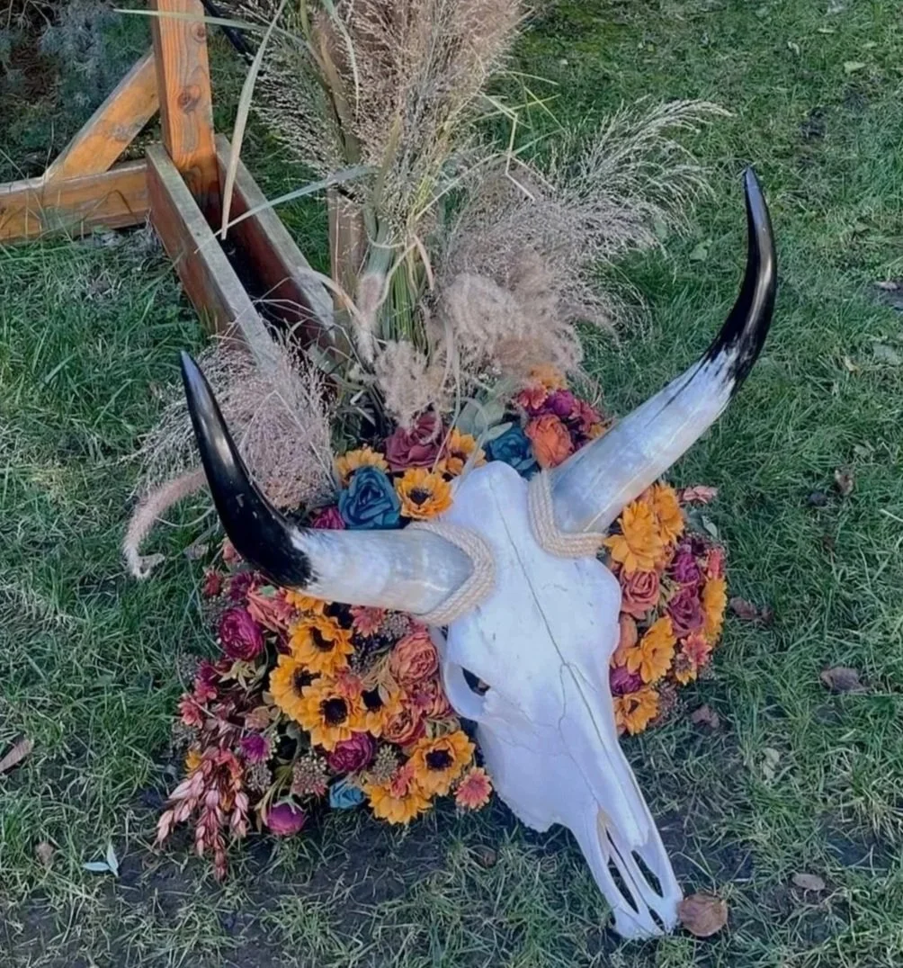 An animal skull, likely a cattle skull, with black-tipped horns, decorated with colorful flowers and grasses, placed on the ground amidst green grass.