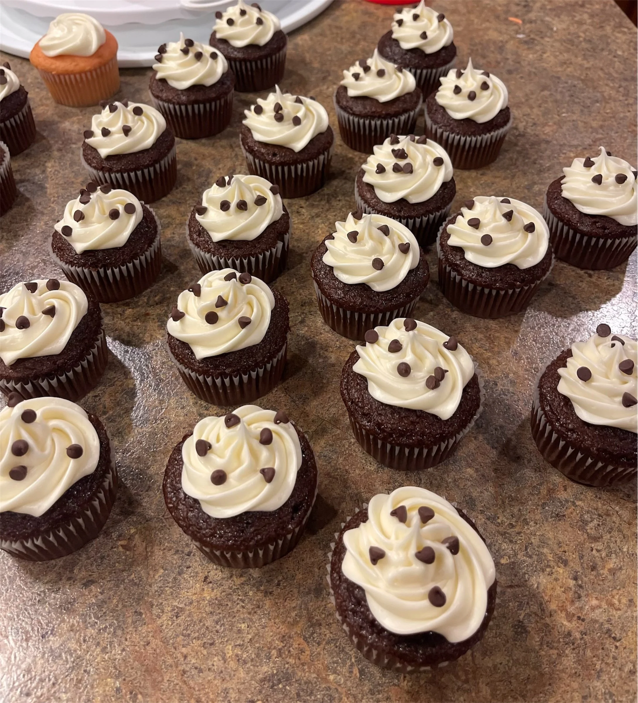 Several chocolate cupcakes with white frosting and chocolate sprinkles on a brown countertop.
