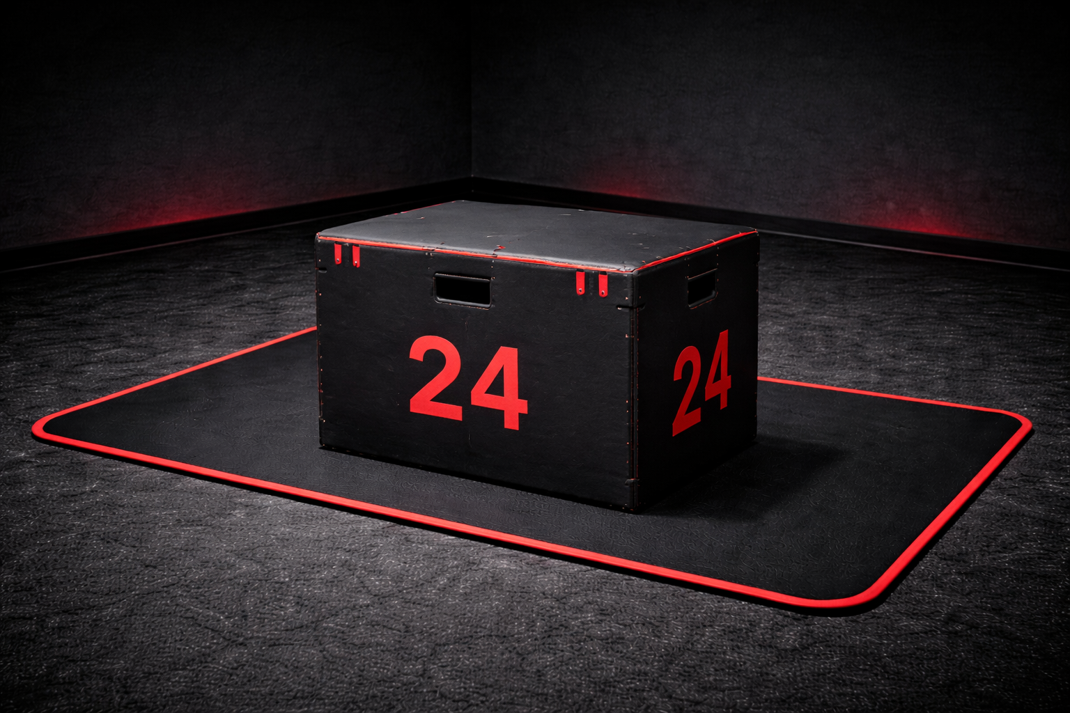 A black plyometric jump box with red numbers and lining, placed on a black workout mat with red edges, in a dark room with red accent lighting.