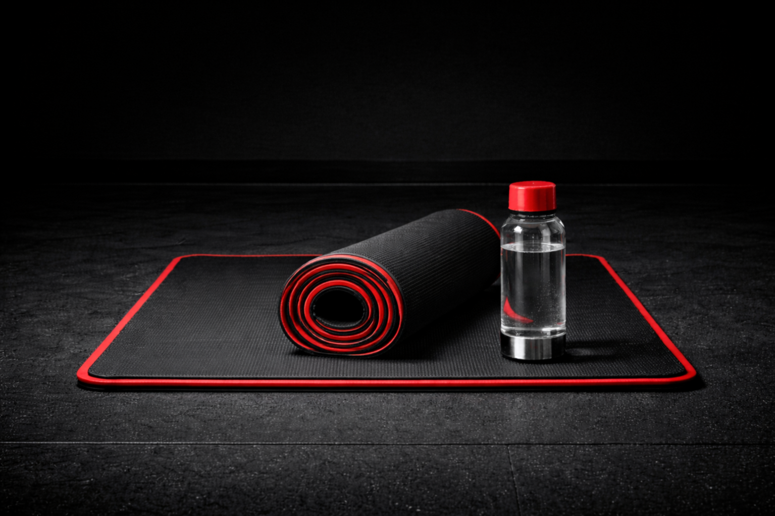 Black textured yoga mat with red edges, rolled up, on a dark gym floor, with a small water bottle with a red cap placed next to it.