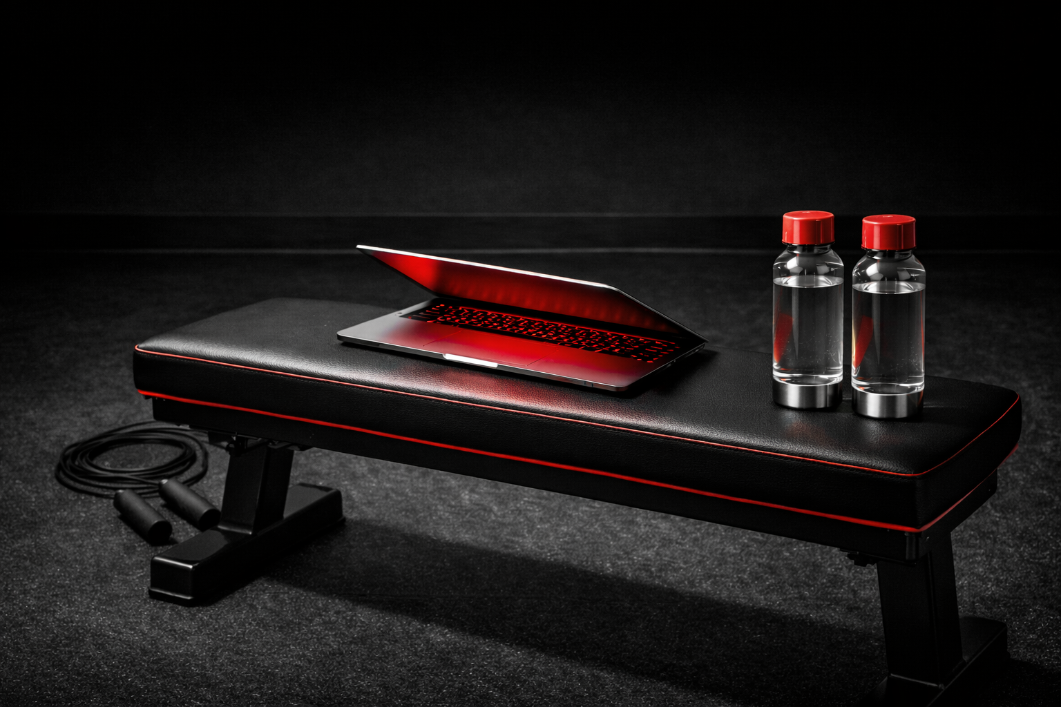 A gym bench with a laptop, two bottles of water with red caps, and a jump rope on the floor.