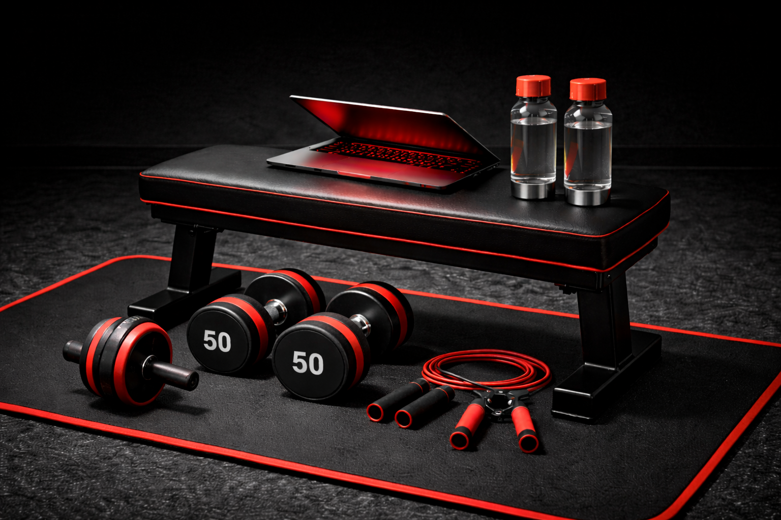 Workout equipment including dumbbells, skipping rope, jump rope, water bottles, a laptop, and a padded workout bench on a black and red gym mat.