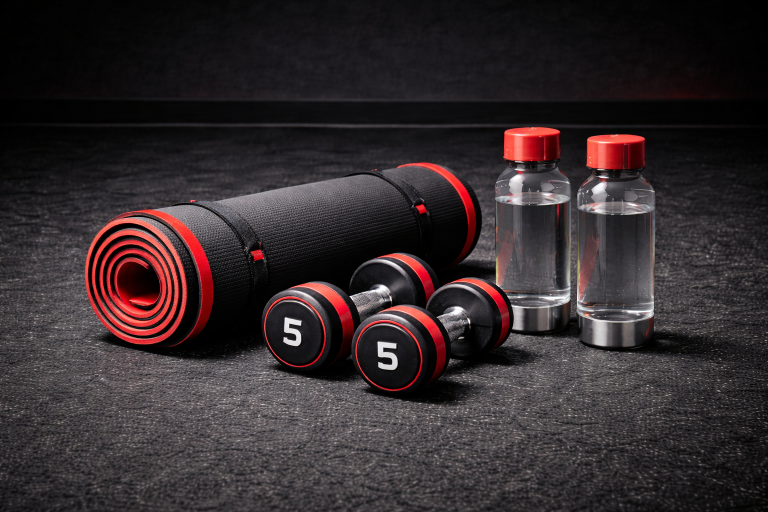 Exercise equipment on black gym floor including a rolled black and red yoga mat, two small black and red dumbbells marked with '5', and two bottles of water with gray caps.