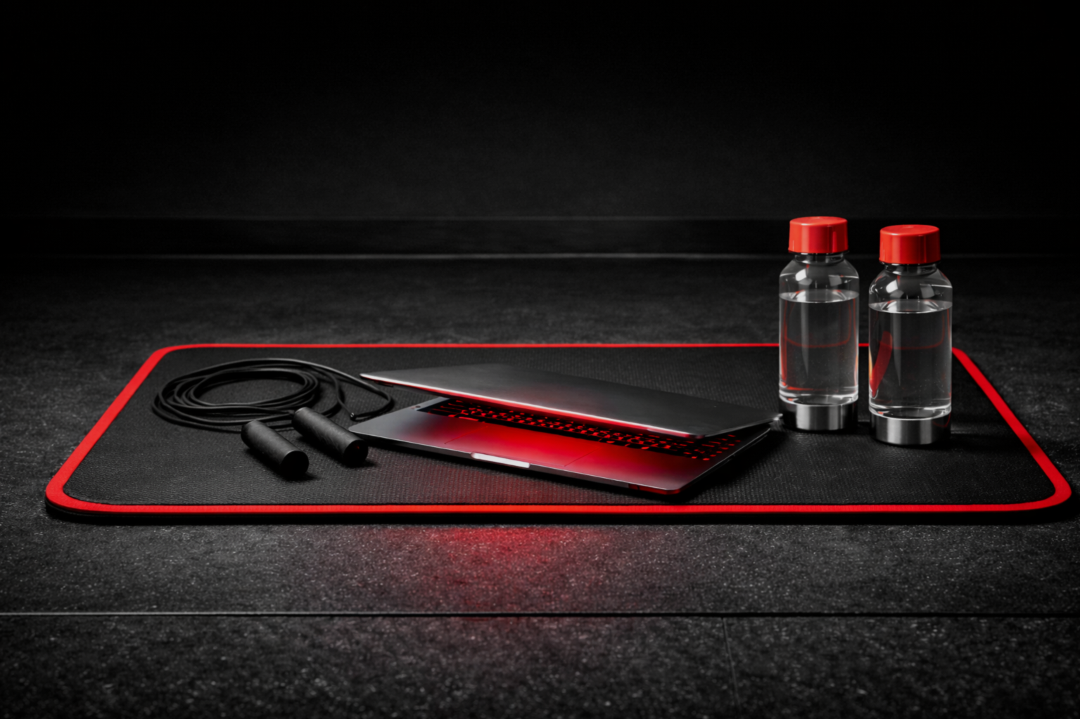 Gaming essentials including a laptop, wired earbuds, a mouse pad, and two water bottles on a dark surface.