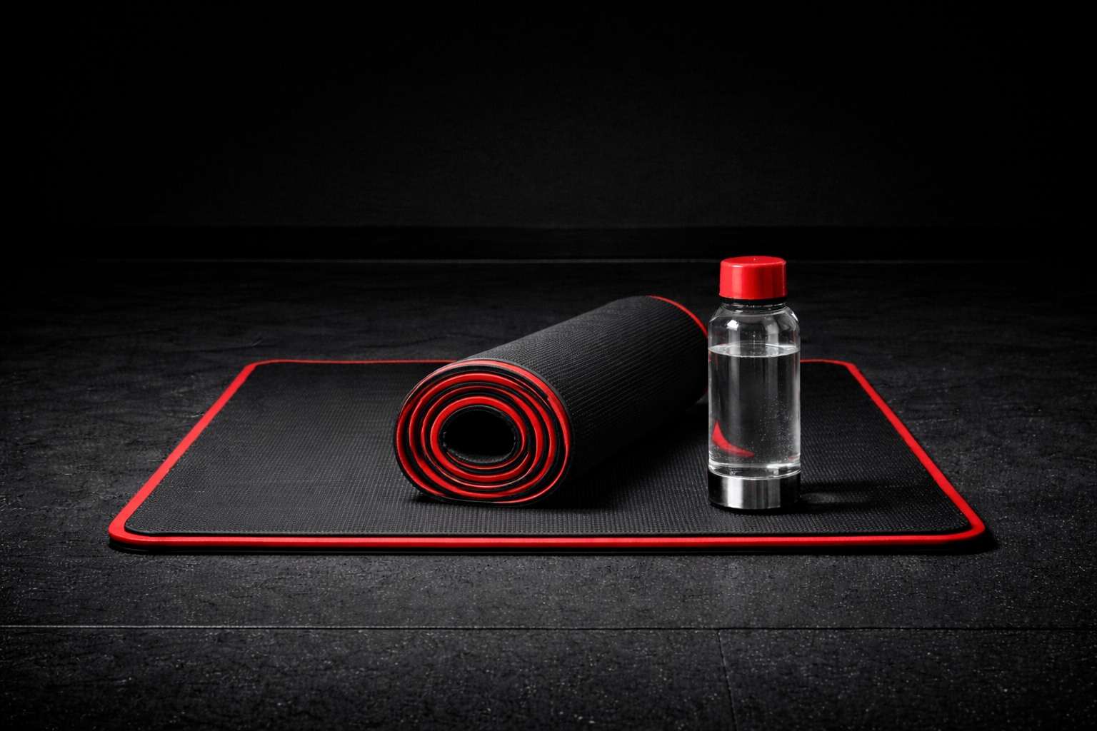 Black workout mat with red trim, partially rolled out, on a dark textured floor, next to a small water bottle with a red cap, in a dimly lit room.