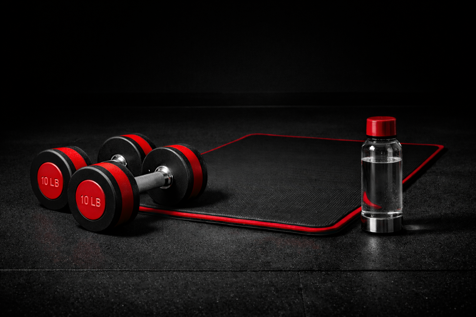 Workout equipment including a pair of 10 lb dumbbells, a fitness mat, and a water bottle on a black gym floor.