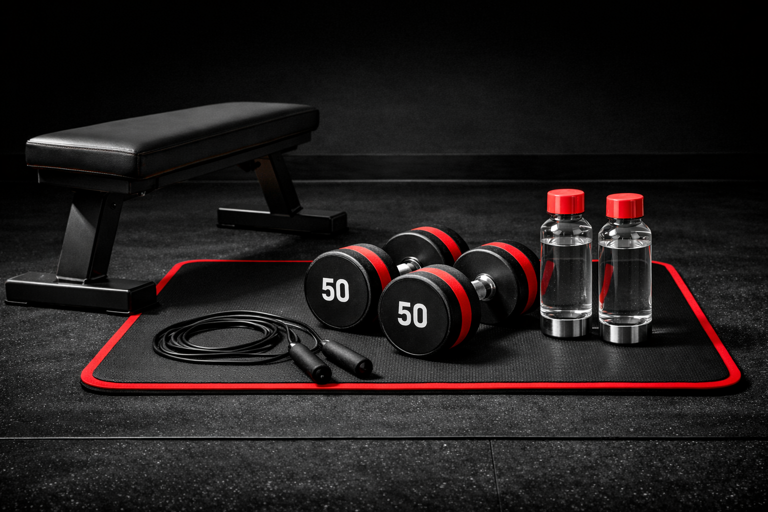 Home gym workout equipment on black rubber mat including a black adjustable workout bench, two 50-pound dumbbells, two water bottles, and a jump rope.