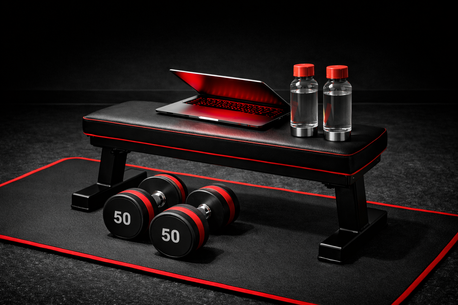 A black and red workout bench with a pair of dumbbells, a laptop, and water bottles on top, placed on a black and red workout mat on a dark floor.