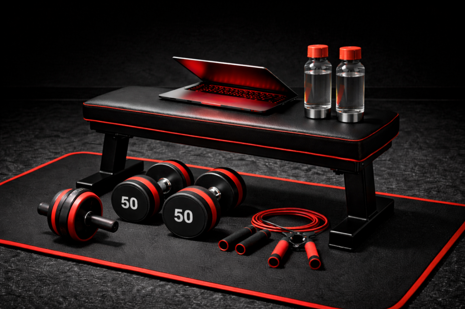 Workout equipment including dumbbells, a jump rope, a dumbbell bar, a workout bench with a laptop on top, and water bottles on a black and red mat.