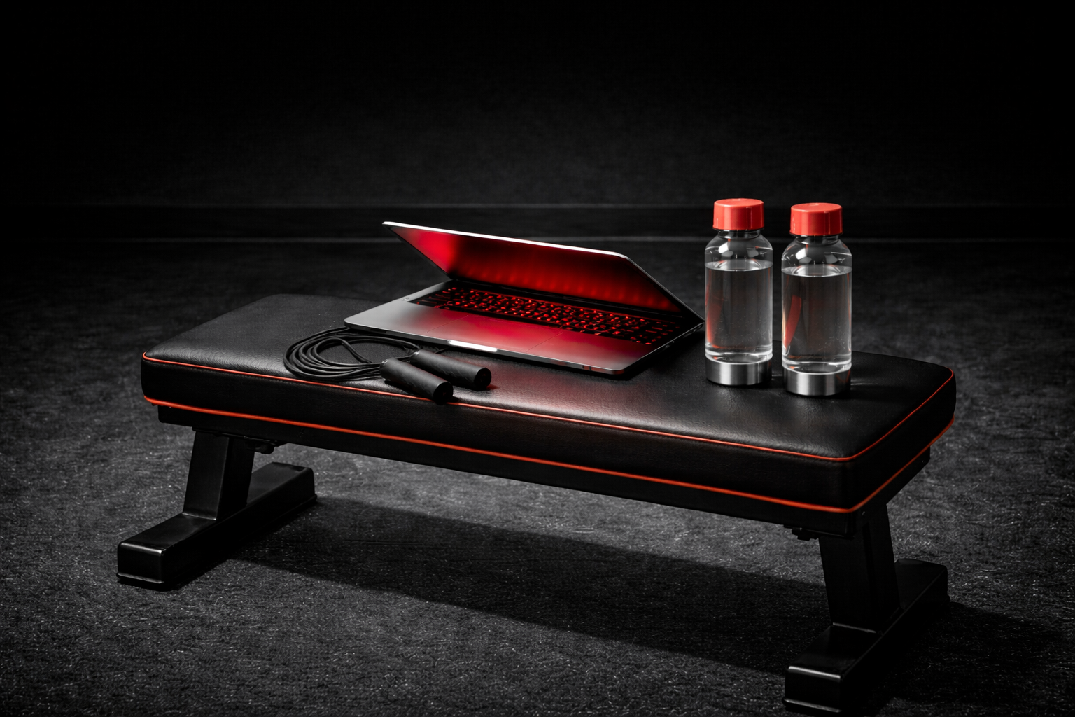 A black workout bench with red edges, a laptop with a red backlit keyboard, a jump rope, and two water bottles on top, set against a dark background.