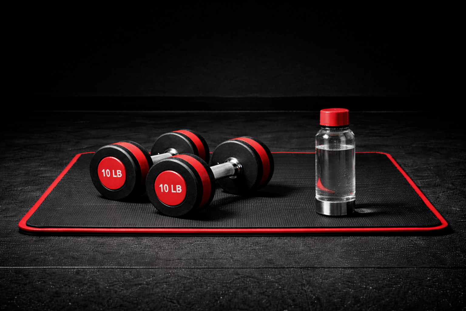 Two black and red 10-pound dumbbells and a clear water bottle with a red lid on a black exercise mat.