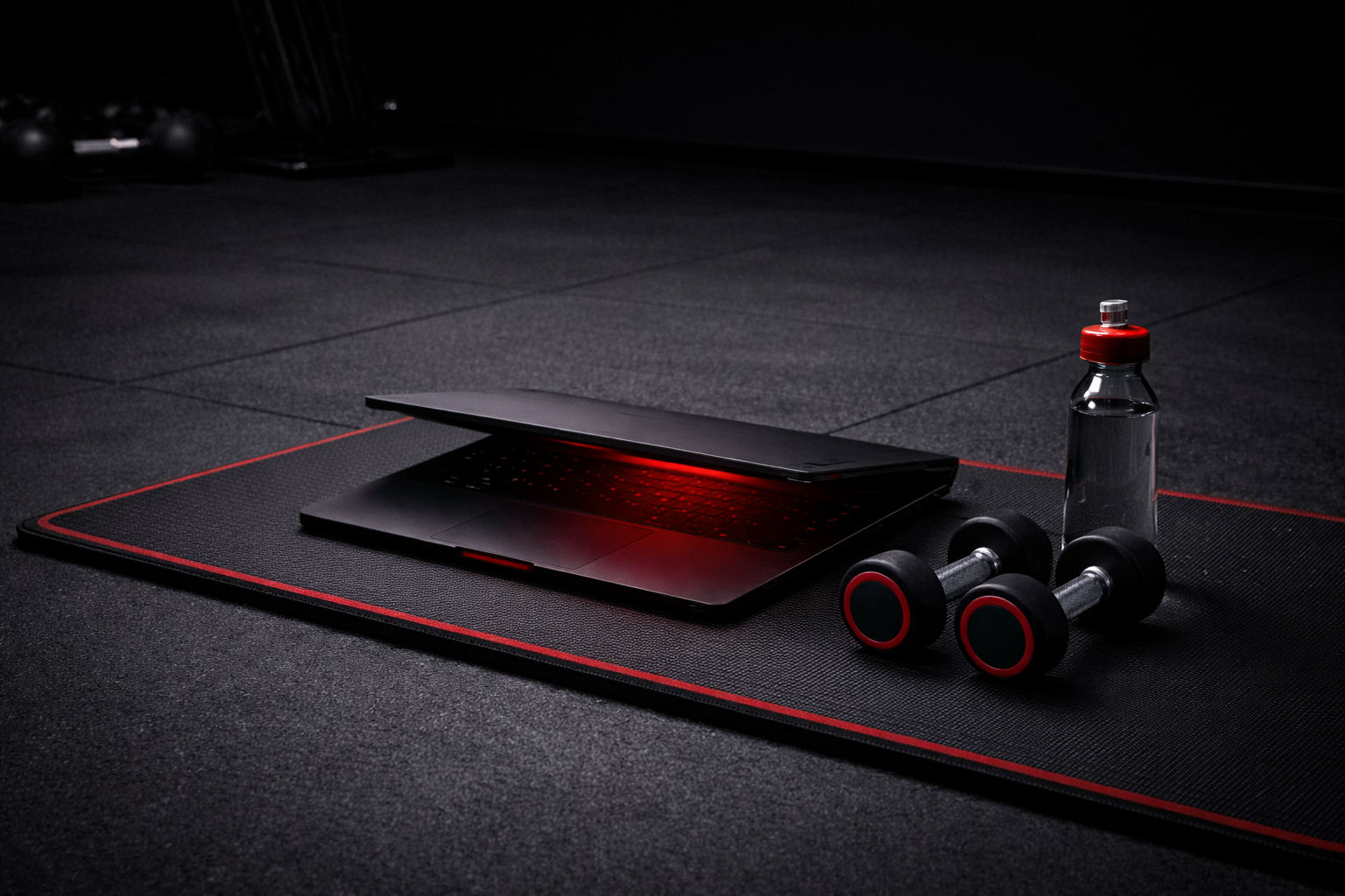 Workout setup on a black exercise mat, including an open laptop with red backlit keyboard, a water bottle, and a pair of dumbbells, on a dark gym floor.