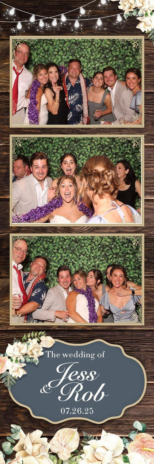 Three photo booth pictures from Jess and Rob's wedding on July 26, 2025. The photos show groups of smiling people in front of a green leafy backdrop, celebrating and wearing wedding attire. The bottom of the frame features a wooden background with flowers and a sign that reads, 'The wedding of Jess & Rob 07.26.25'.