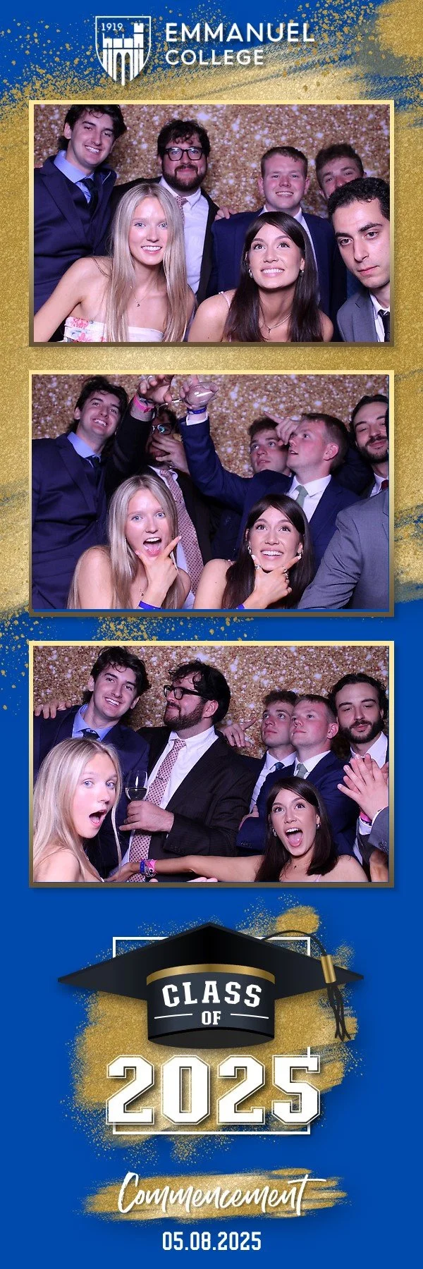 Photo booth strip from Emmanuel College's graduation celebration with students in formal attire, a gold glitter background, and a blue banner with a graduation cap icon. The text reads "Class of 2025 Commencement" and the date "05.08.2025."