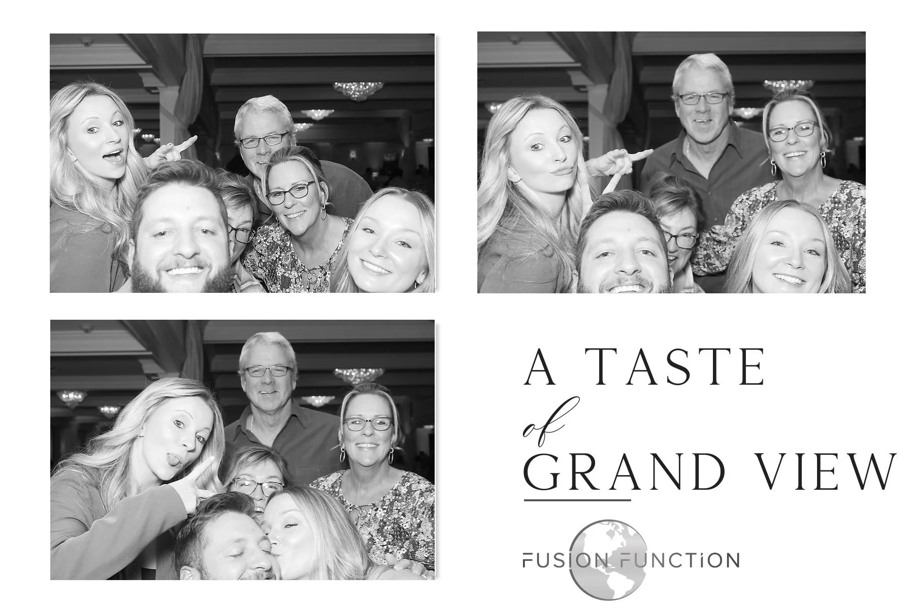 Collage of three black and white photos of six people at a social event, with the text 'A Taste of Grand View' and a globe icon with 'Fusion Function' at the bottom.