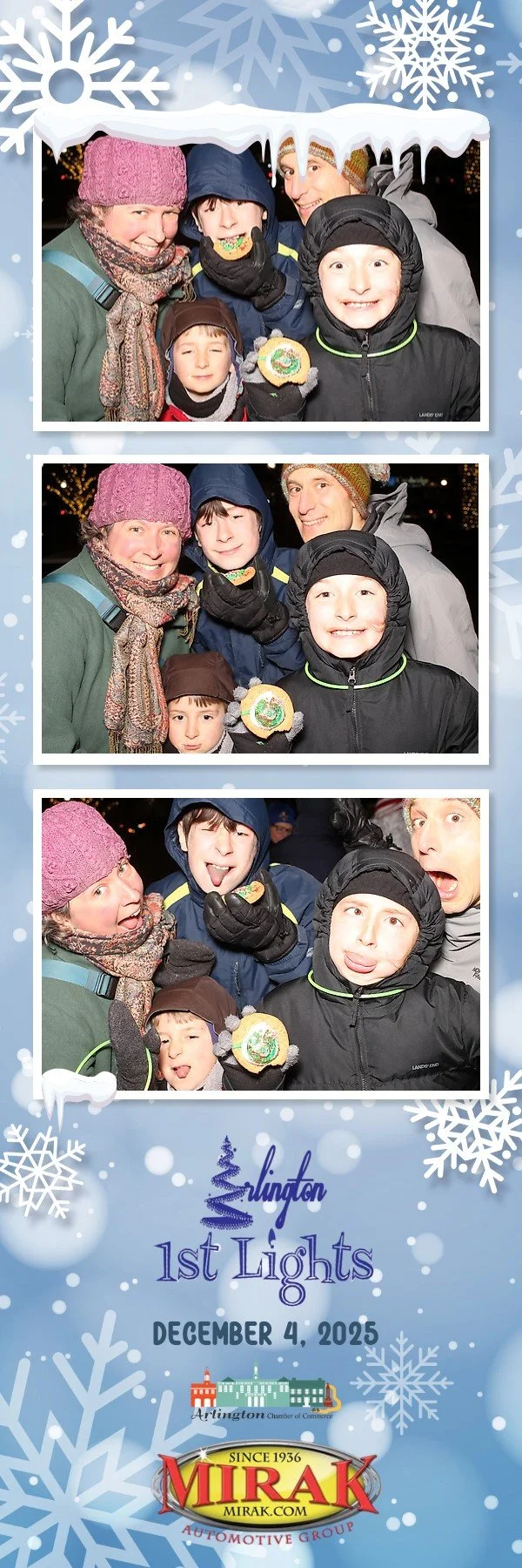 A photo booth strip showing four pictures of a group of five people, children and adults, dressed warmly for winter. They are at the Arlington 1st Lights event on December 4, 2025. The background has snowflakes and holiday-themed decorations.