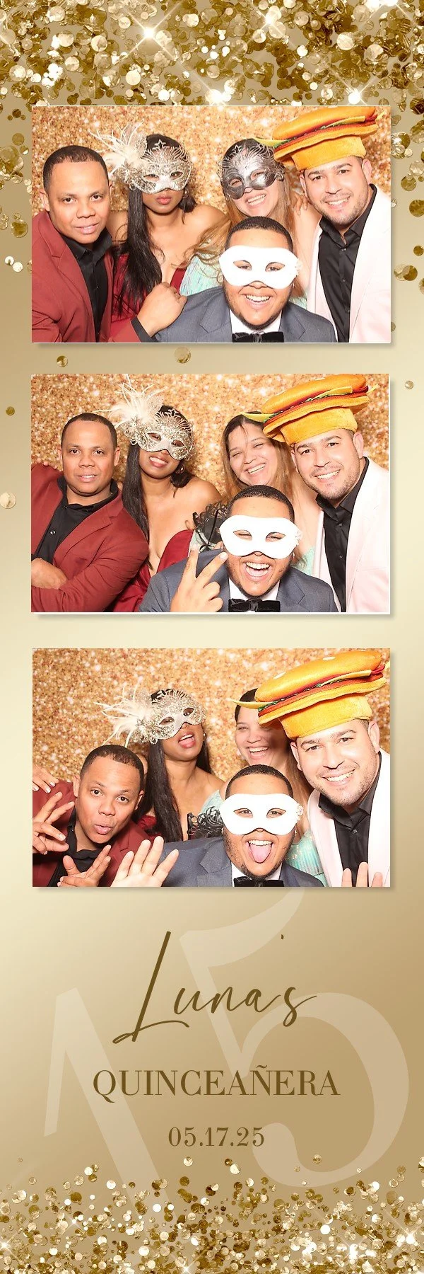 Group of five friends wearing masks and fun costumes, including a cheeseburger hat, at a celebration event with a glittery gold backdrop.