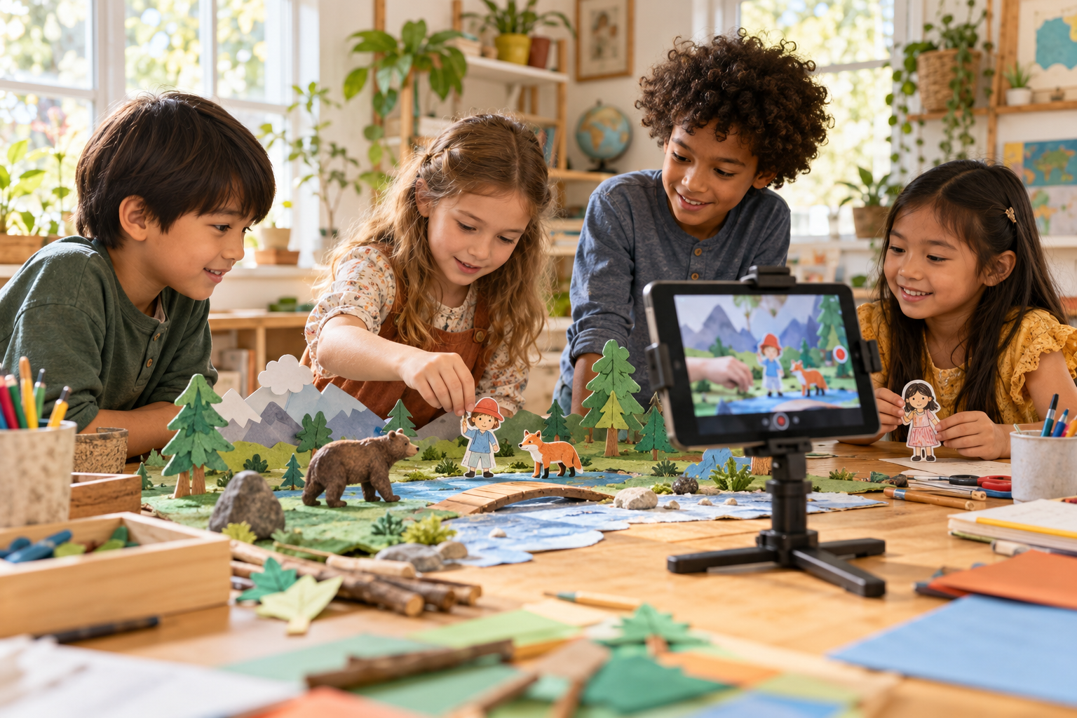 AI-generated illustration of early elementary students creating a playful stop-motion story together.