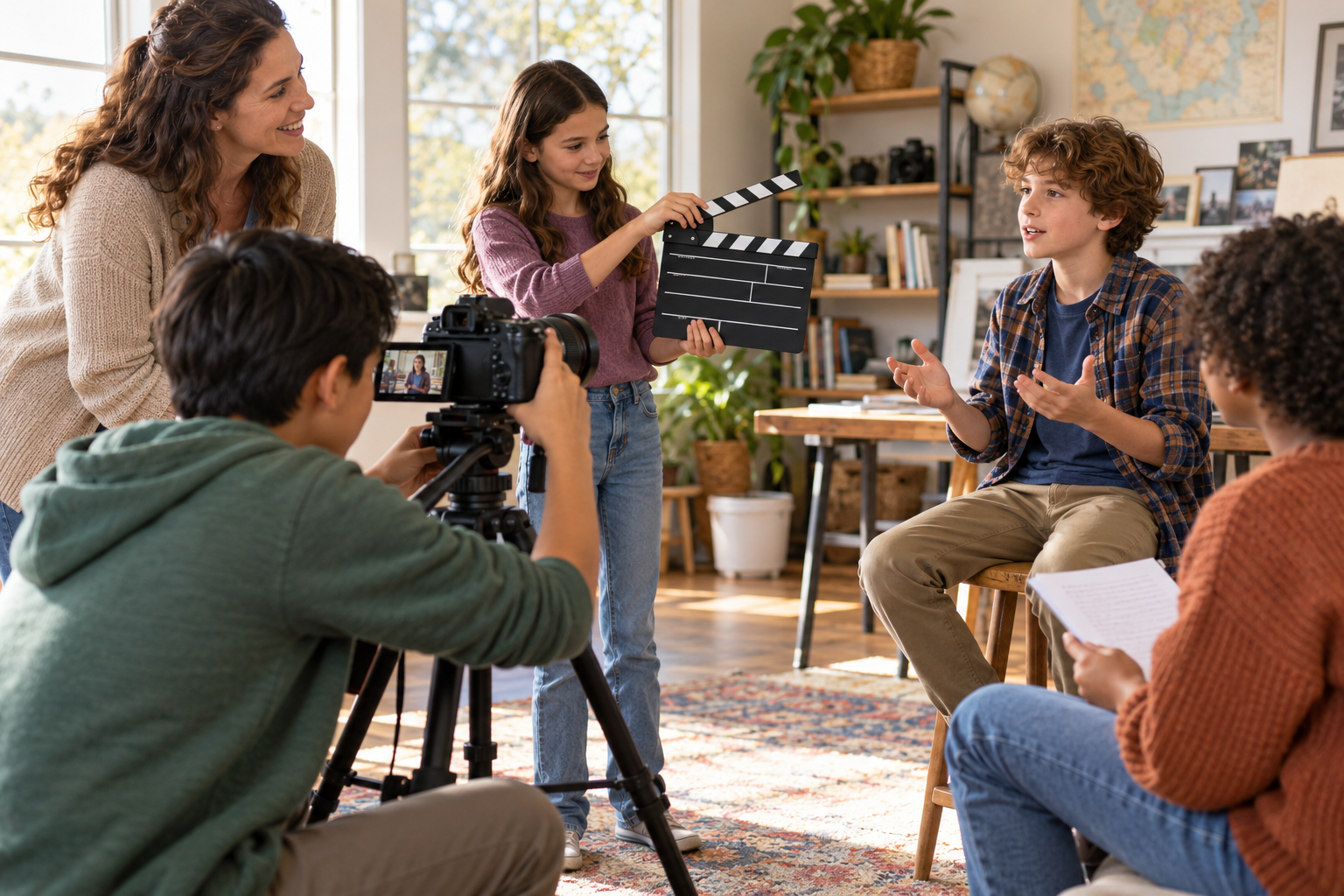 AI-generated illustration of homeschool students collaborating on a filmmaking project.