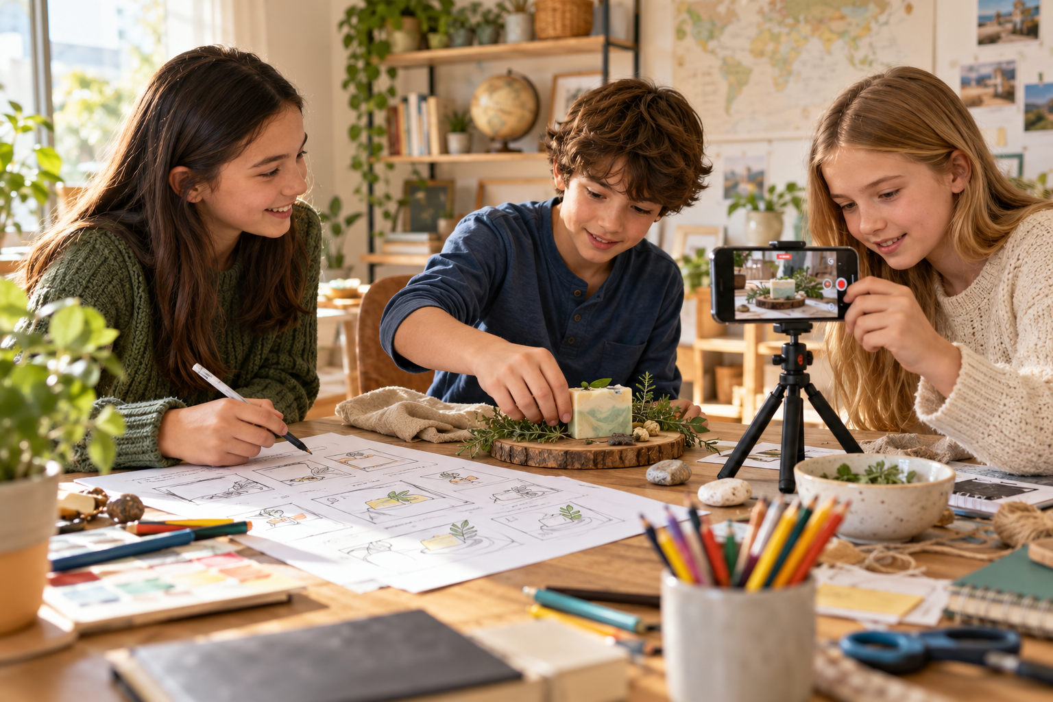 AI-generated illustration of homeschool students storyboarding and filming a creative content project.