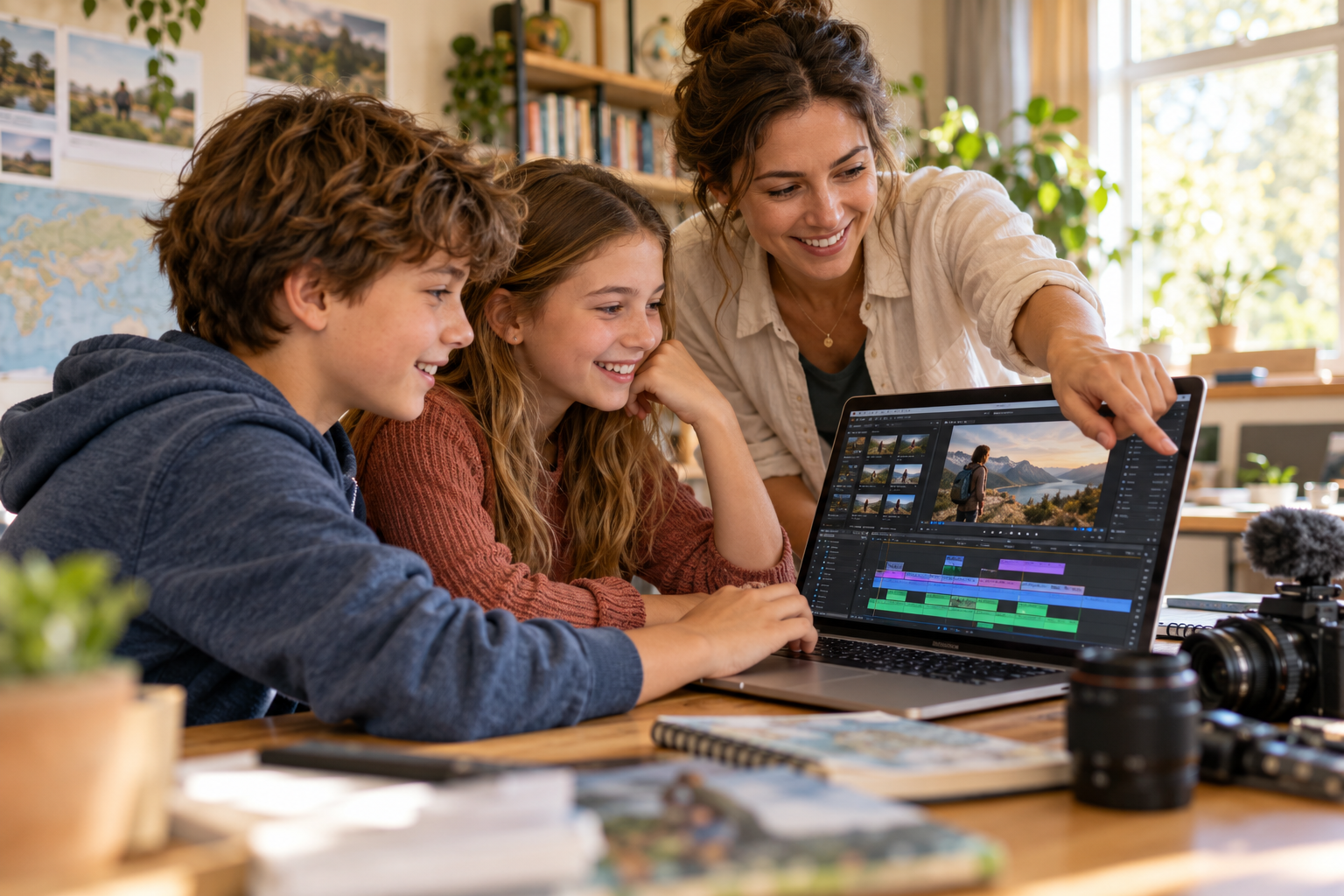 AI-generated illustration of homeschool students learning video editing with an instructor.