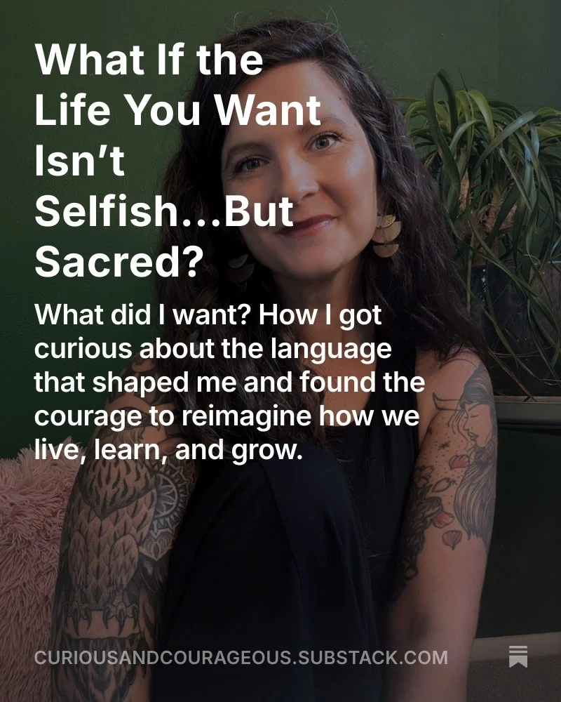 A woman with dark hair and tattoos on her arms sitting against a green wall, with text about seeking curiosity and courage in life.