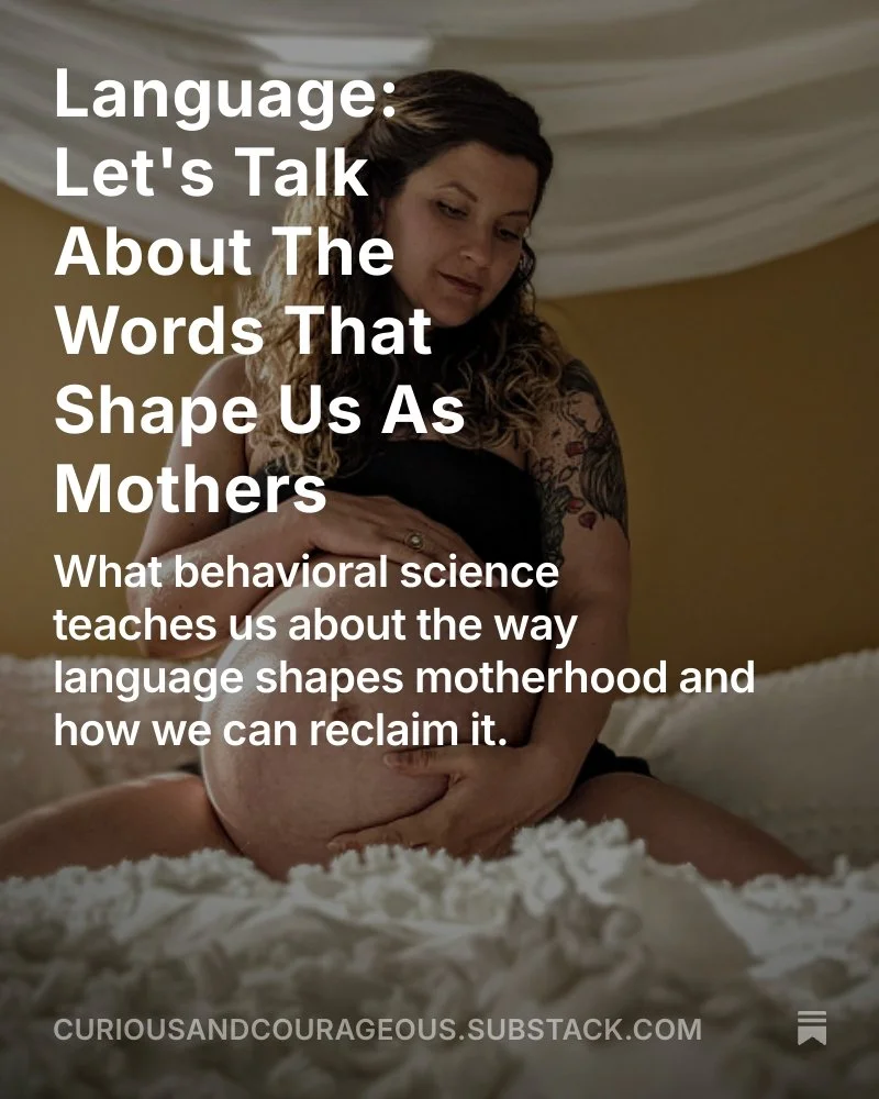 A pregnant woman sitting on a bed, gently holding her belly and looking down thoughtfully. The background features a softly lit room with a draped ceiling. Overlaid text discusses language, motherhood, and behavioral science.