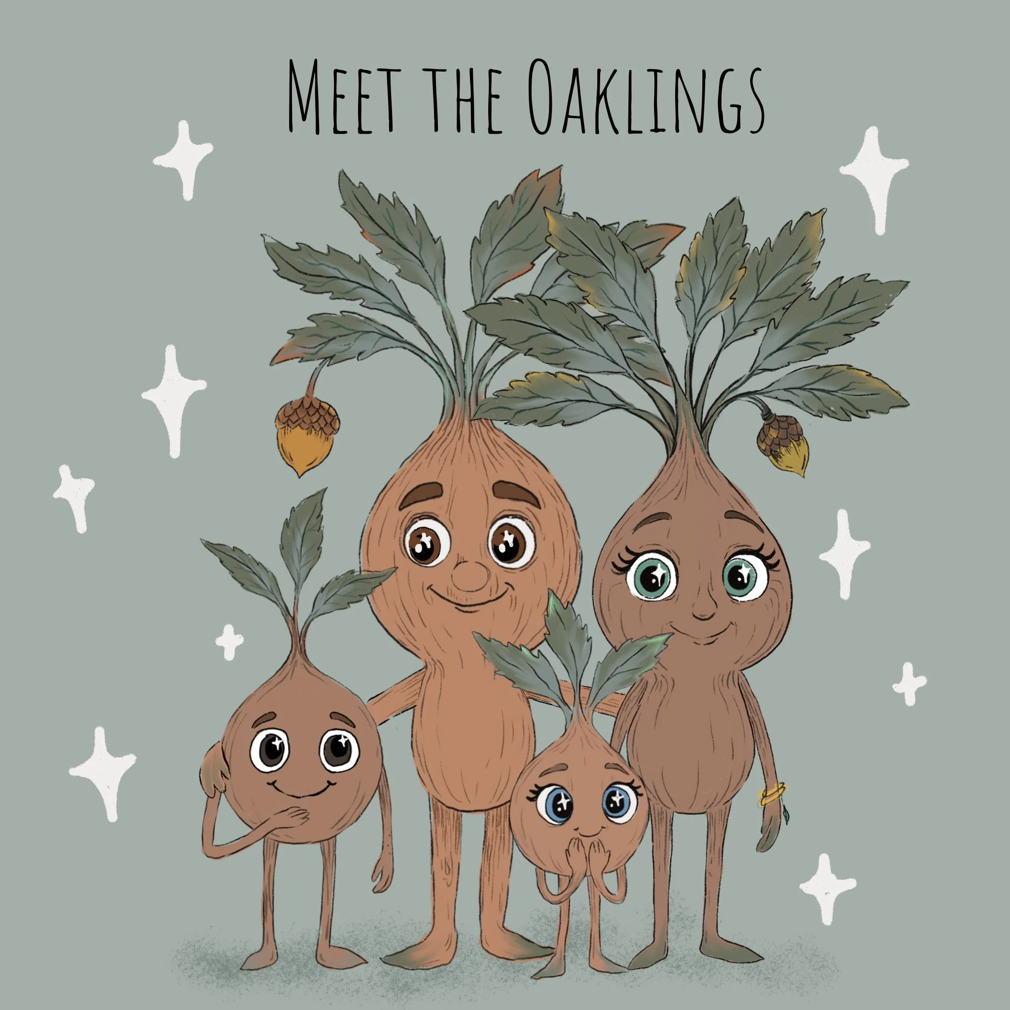 Cartoon illustration of five anthropomorphic oak tree characters with smiling faces, leaves, and acorns on a gray background decorated with white star shapes, with the text 'Meet the Oaklings' at the top.