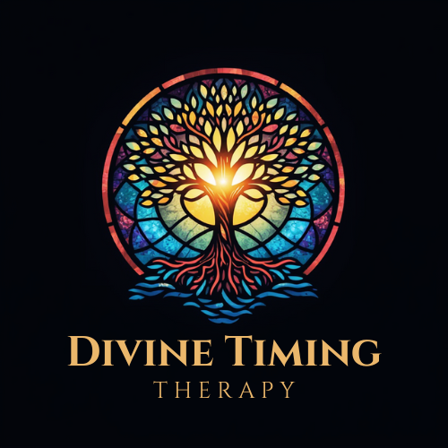 Colorful stained glass style tree with radiant light behind it, and the text "Divine Timing Therapy" below.