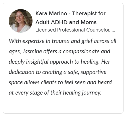 A professional profile card of Kara Marino, a licensed therapist specializing in adult ADHD and moms. It includes her photo, name, credentials, and a description of her compassionate approach to therapy.