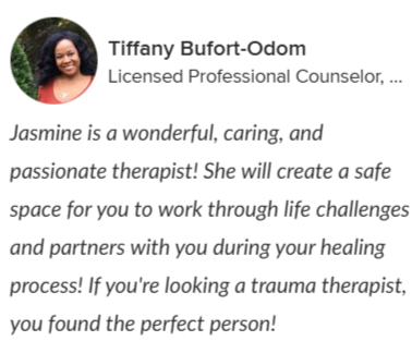 Screenshot of a professional counselor's profile describing Jasmine as a caring, passionate therapist.