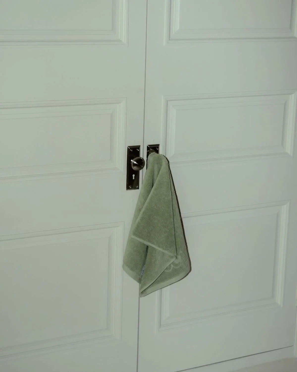 White double door with a towel hanging on the doorknob.