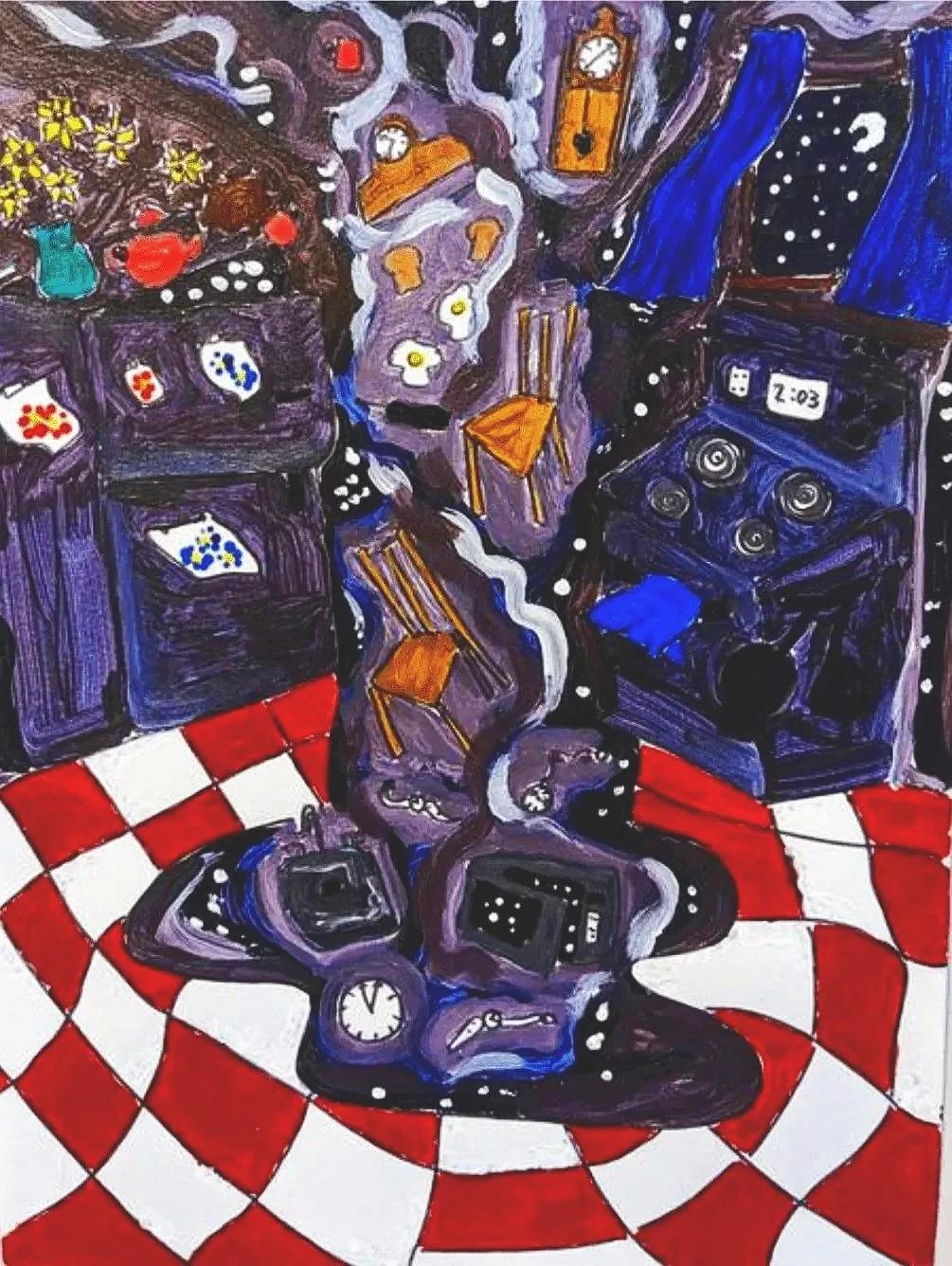 A colorful abstract painting of a kitchen with a checkered red and white floor, a stove with a tea towel, a clock, and various countertops with flowers, paintings, and kitchenware.