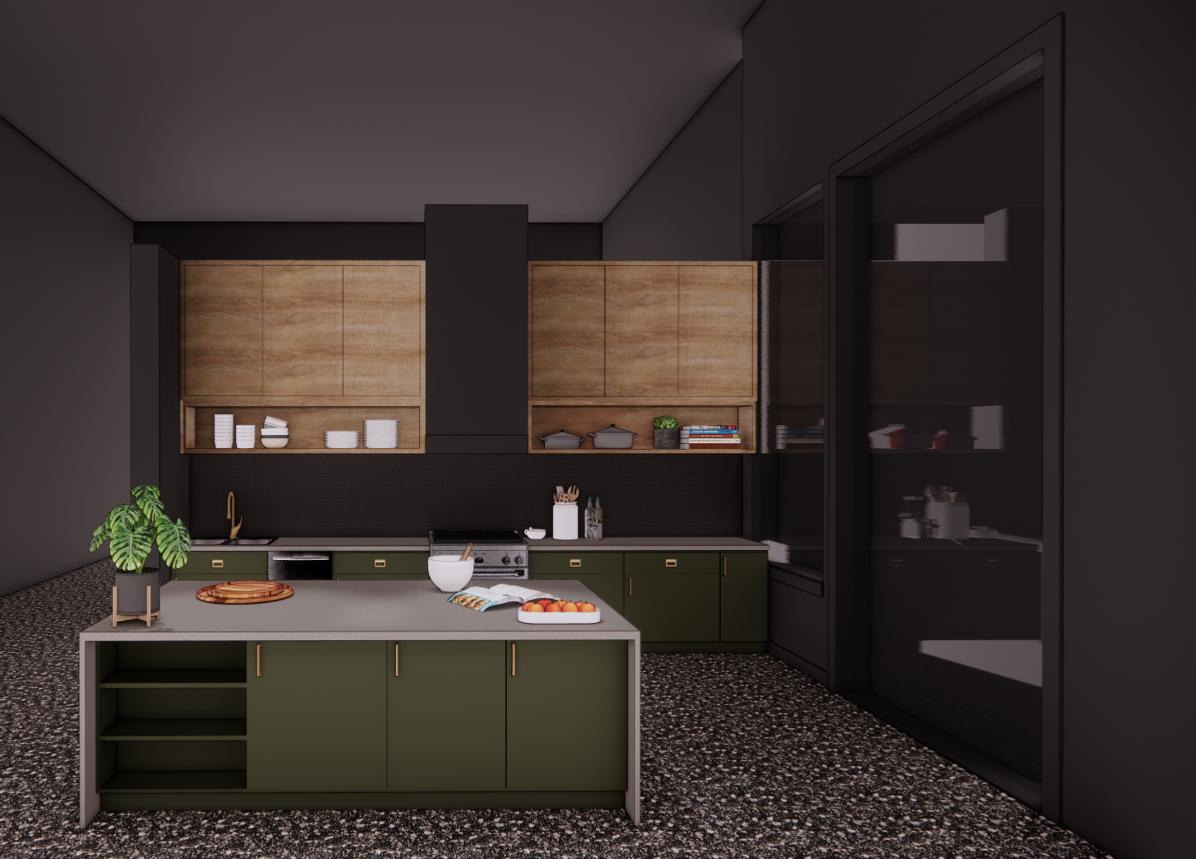 Modern kitchen with black, wood, and green cabinets, a kitchen island with a plant and food items, and a speckled black and white floor.