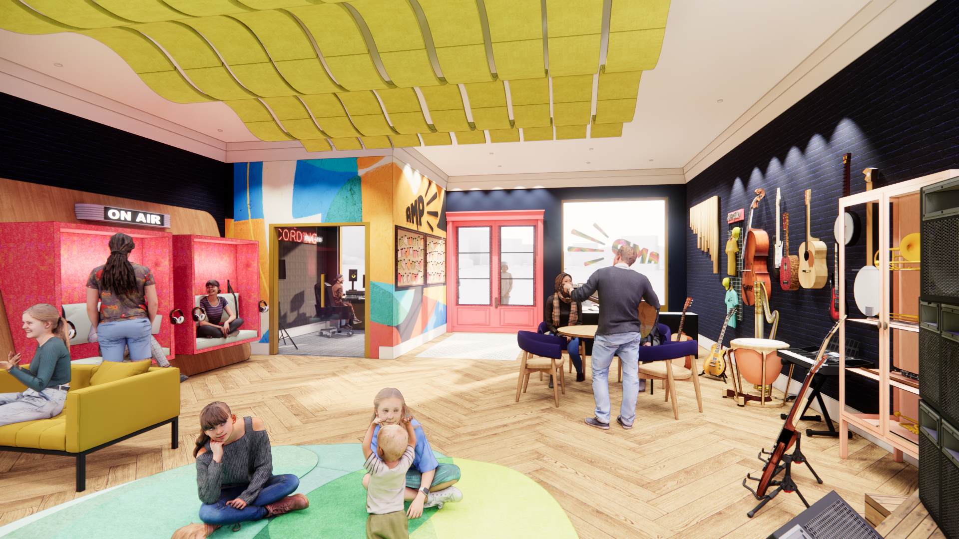 Music studio with children and adults, guitars on wall, colorful decor, and recording equipment.