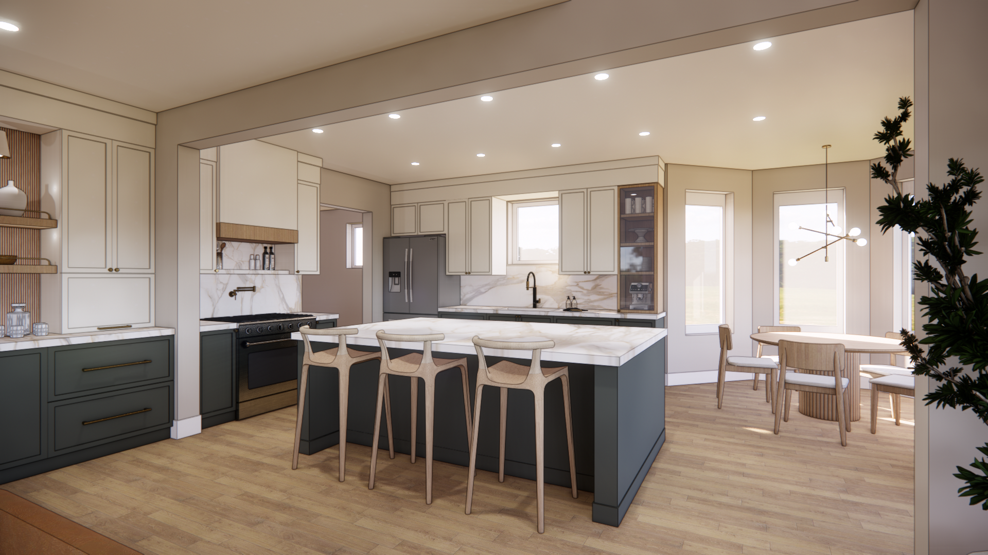 Modern kitchen with an island, white and dark cabinets, stainless steel refrigerator, marble backsplash, and a dining area with a round table and chairs near large windows.