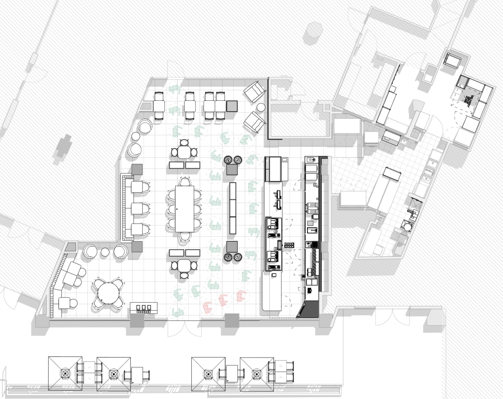 Architectural floor plan of a commercial space including a dining area with tables and chairs, a kitchen, and various rooms and outdoor seating.