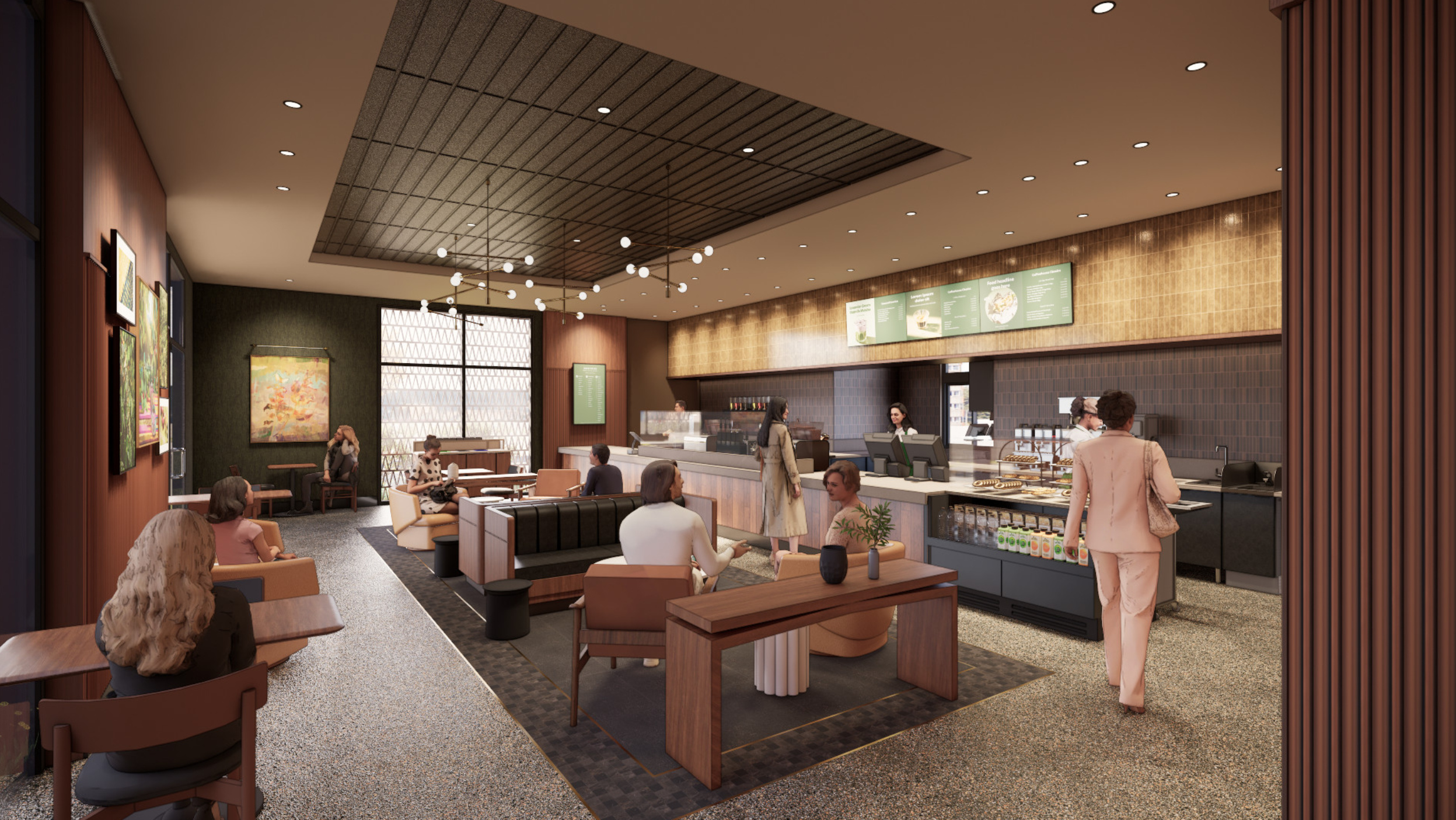 Interior of a modern coffee shop with customers sitting on chairs and sofas, and staff behind the counter serving drinks. There are artwork on the walls, a patterned ceiling, and large windows letting in natural light.